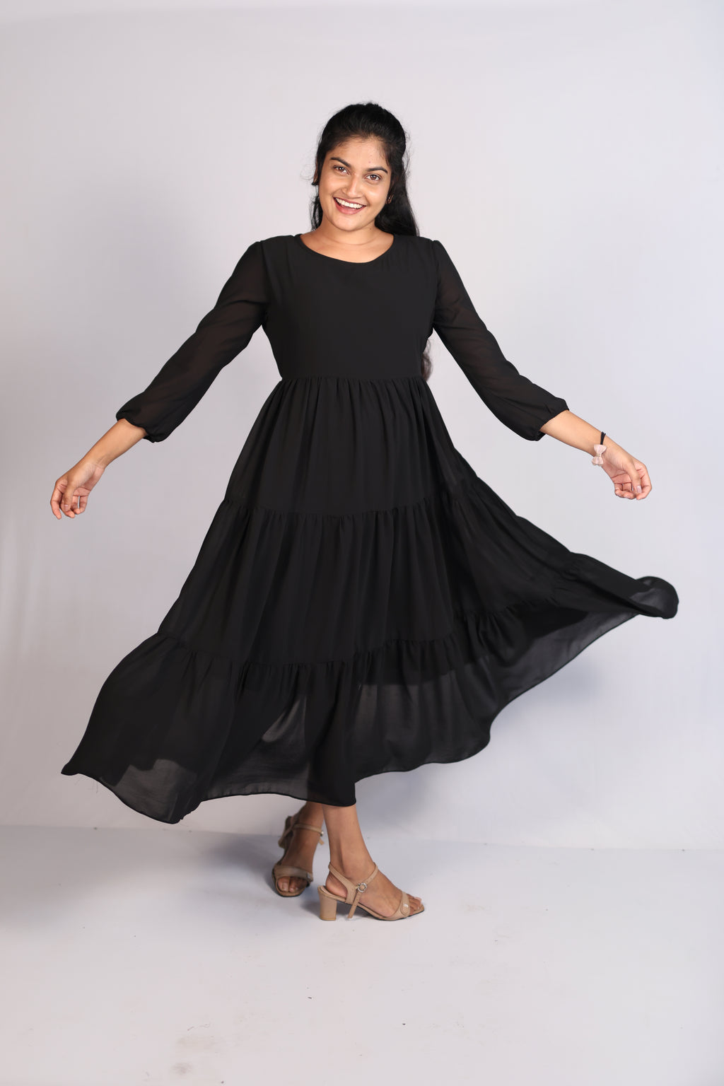 Elegant Three-Layer Chiffon Maxi Dress with Soft Lining