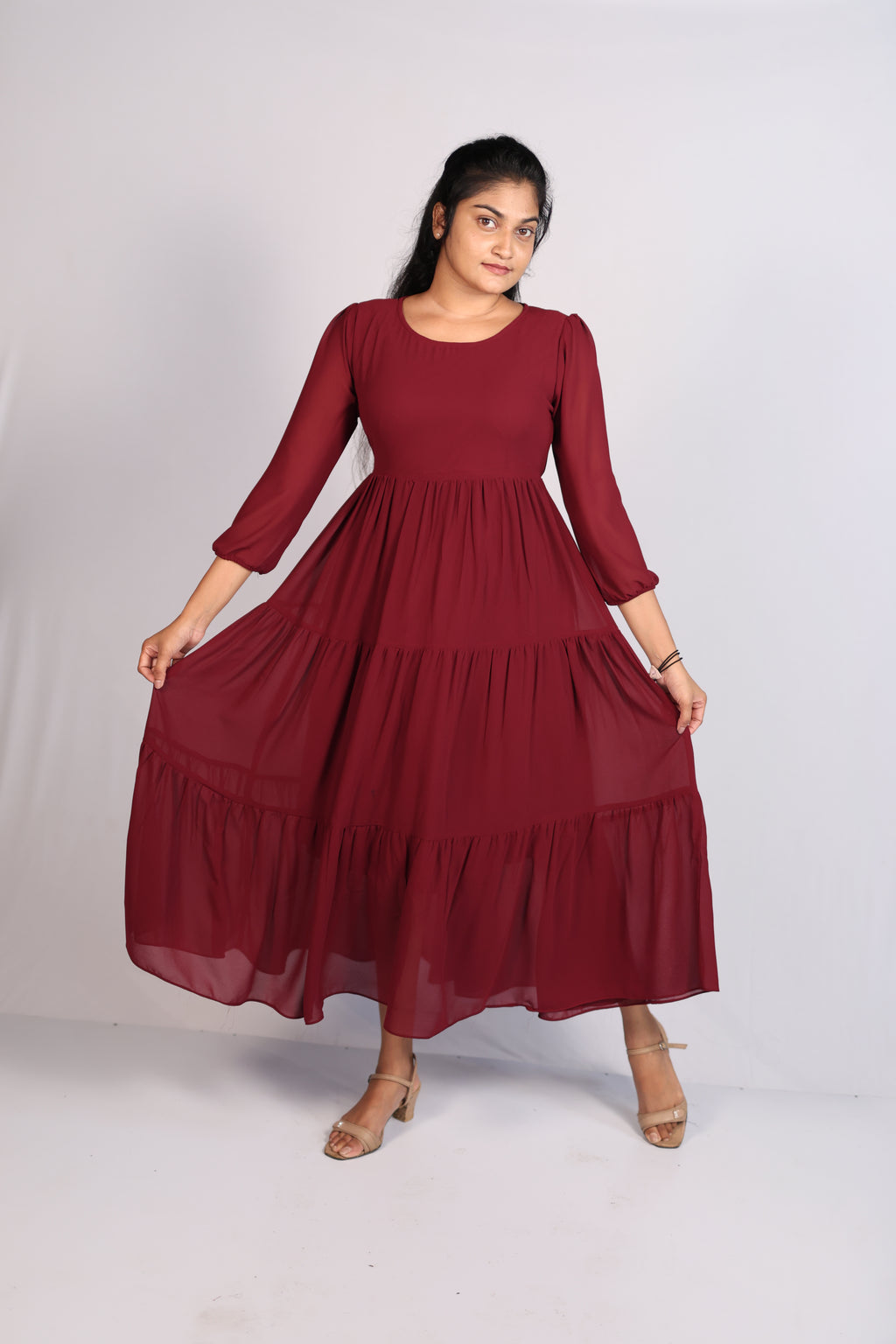 Elegant Three-Layer Chiffon Maxi Dress with Soft Lining