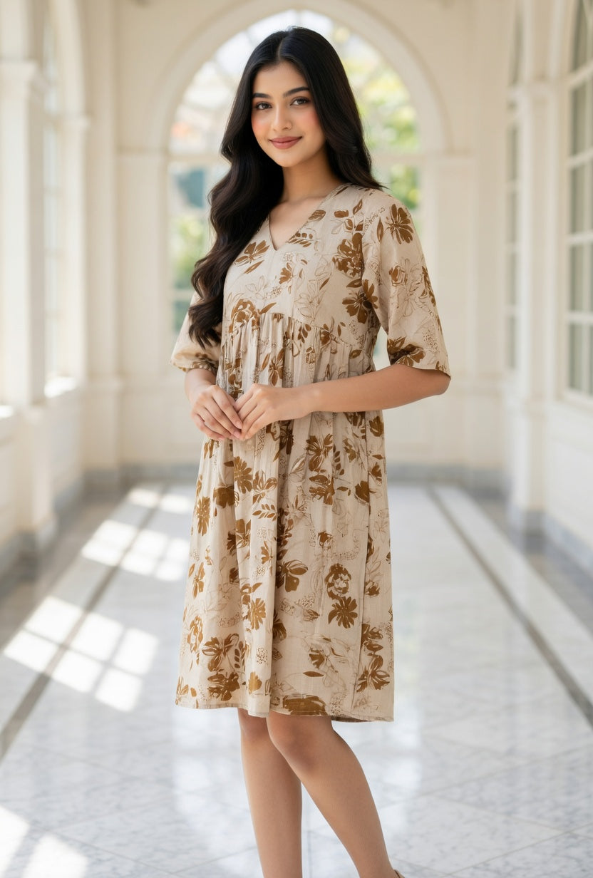 Trendy Beige Floral Printed Frock