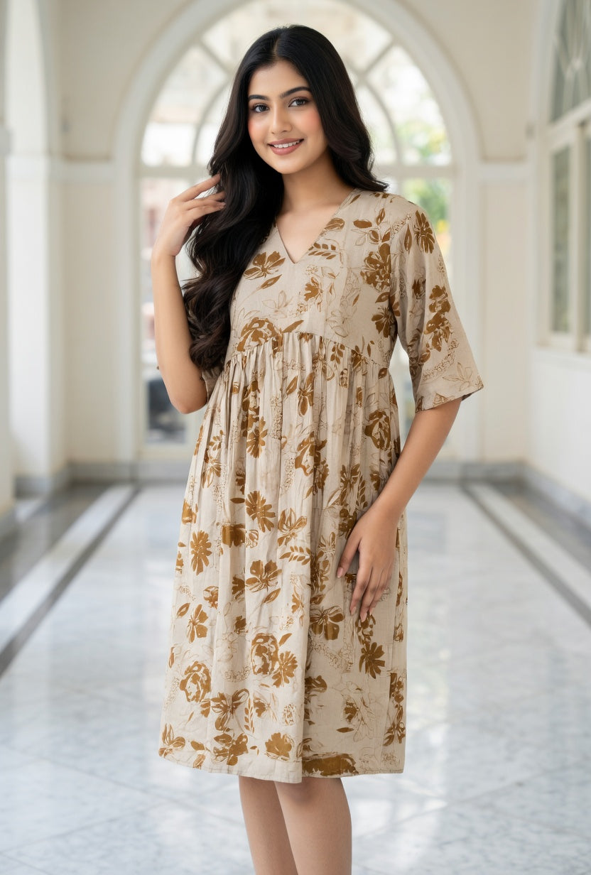 Trendy Beige Floral Printed Frock