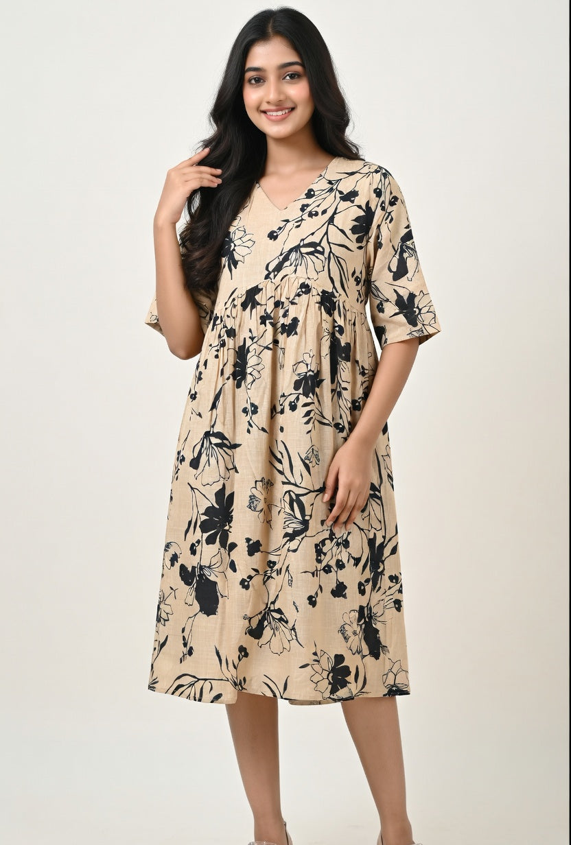 Off White Floral Printed Frock