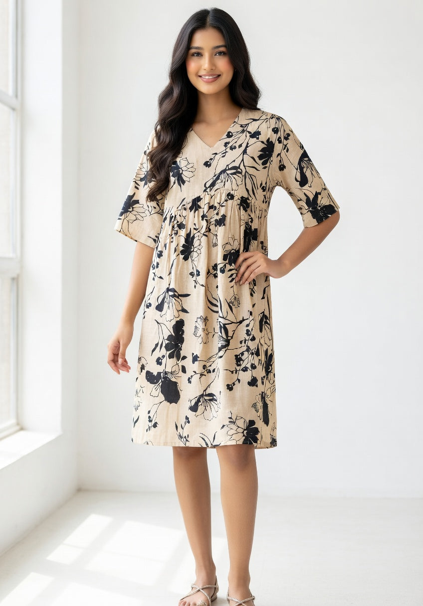 Off White Floral Printed Frock