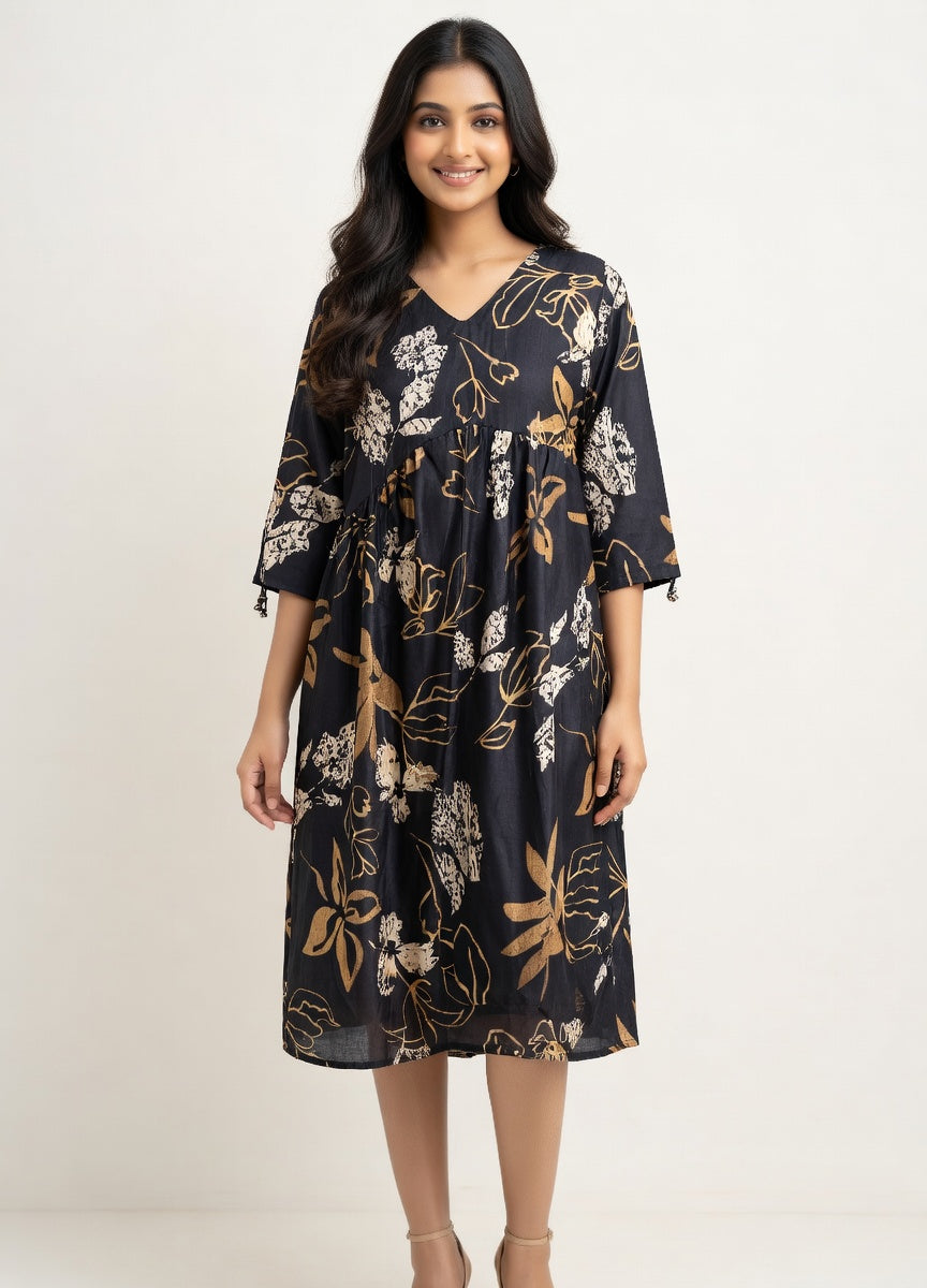 Stylish Black Floral Printed Frock