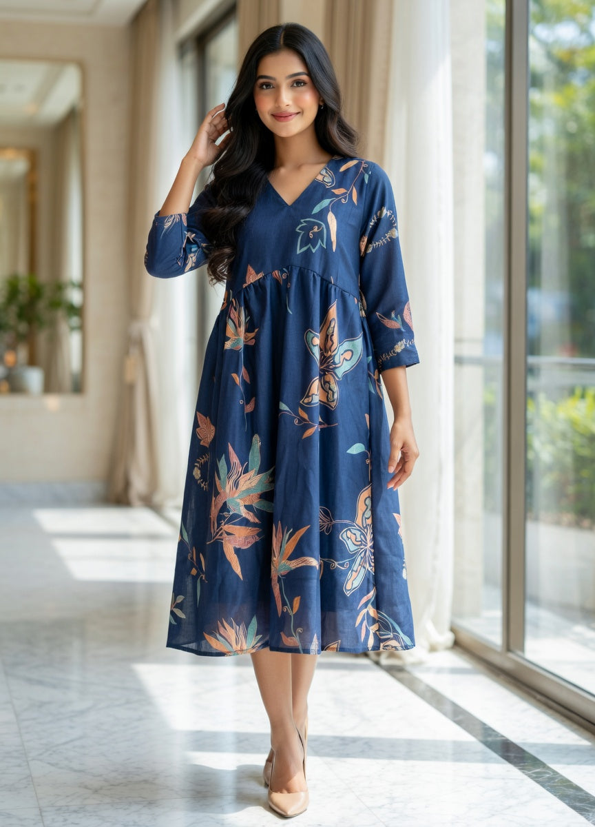 Navy Aliya cut Floral Frock