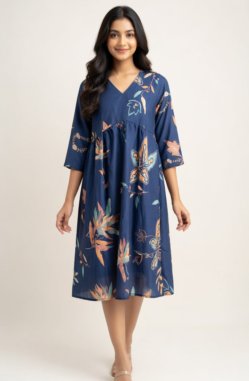 Navy Aliya cut Floral Frock