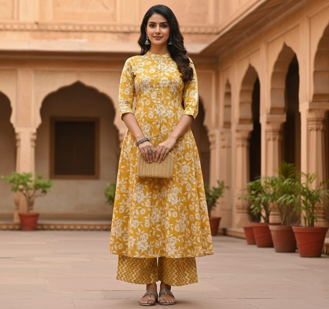 Yellow Floral Printed Cotton Cord set