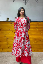 Red Colour Cotton Floral Cord Set | Women’s Kurta & Pants