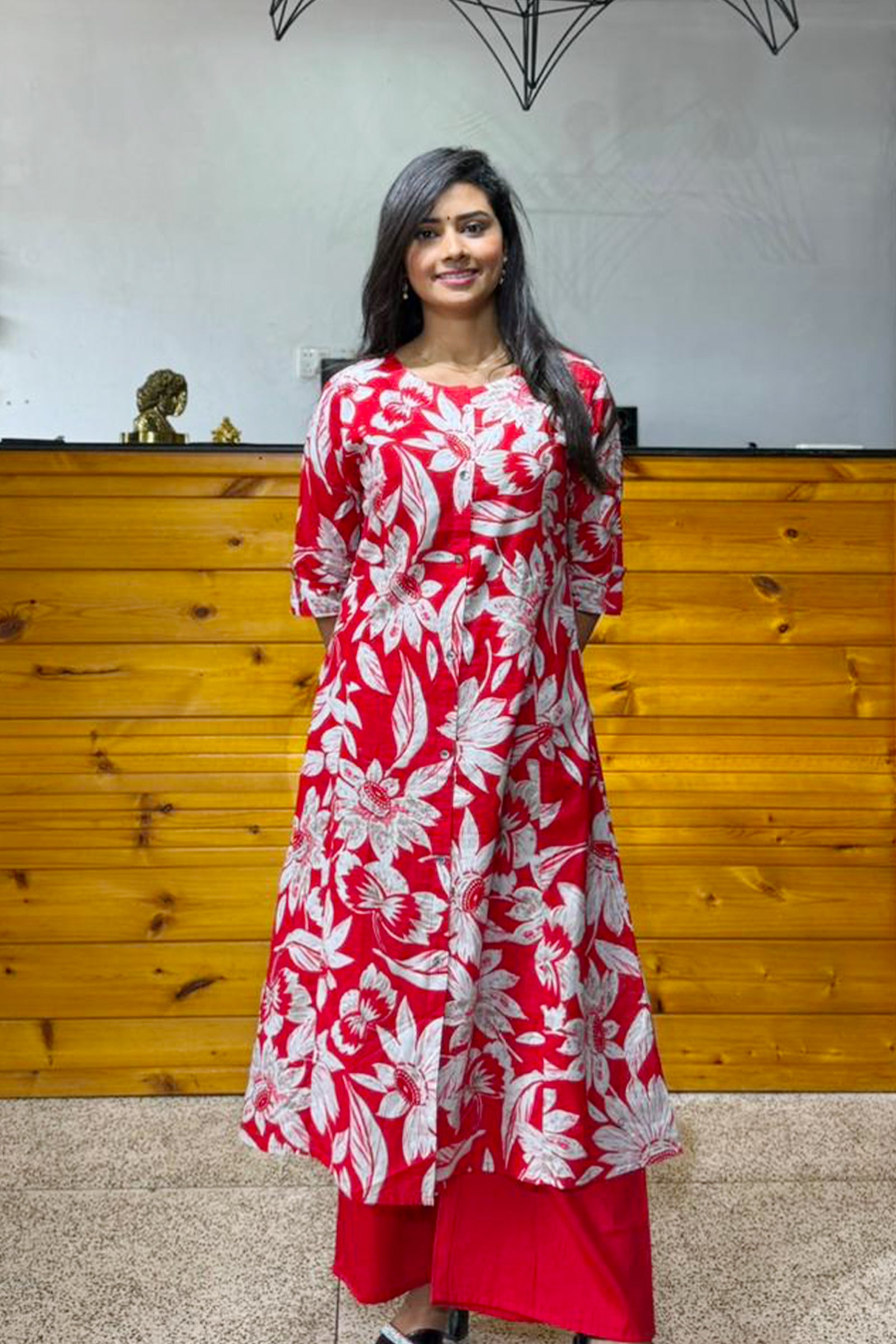 Red Colour Cotton Floral Cord Set | Women’s Kurta & Pants