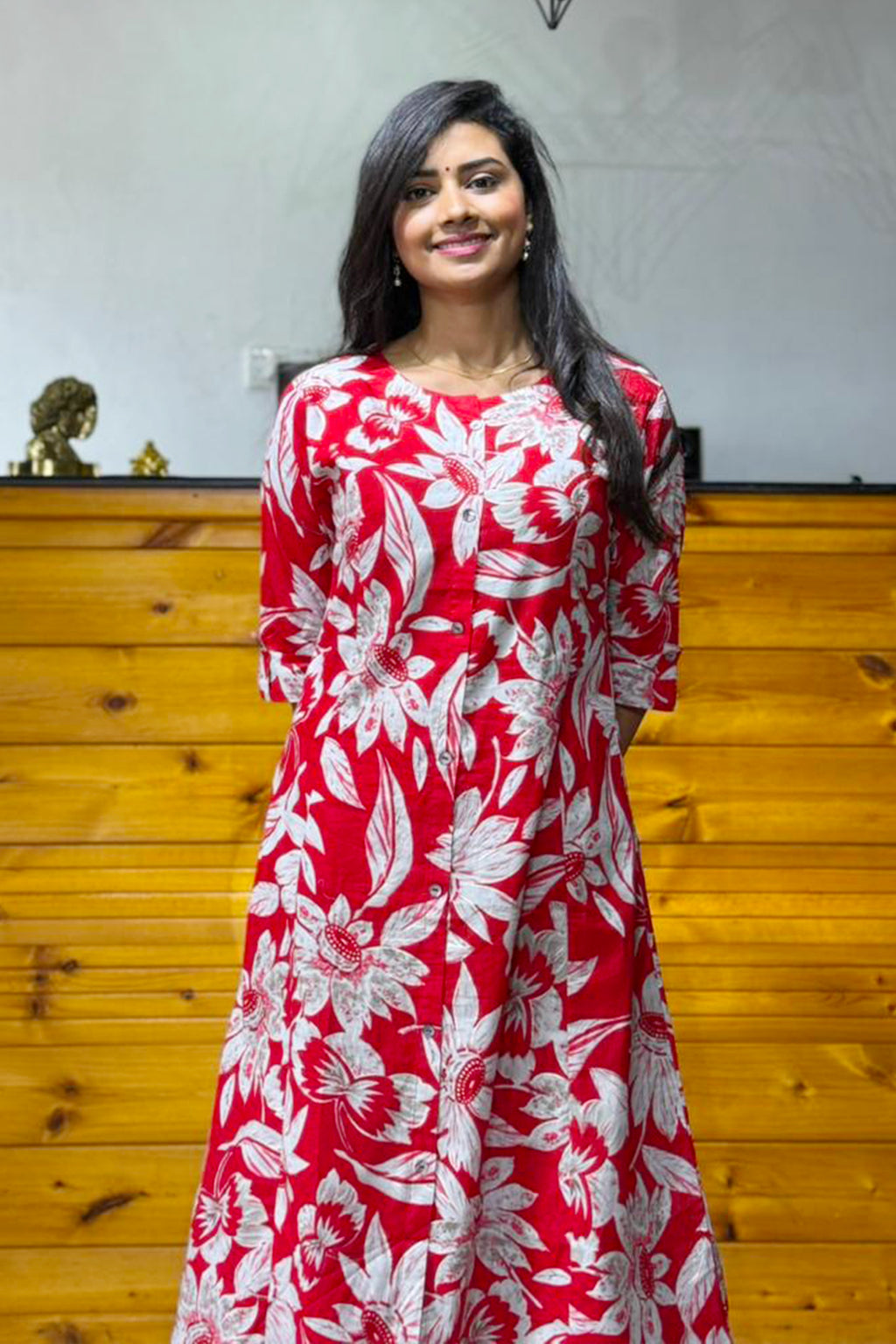 Red Colour Cotton Floral Cord Set | Women’s Kurta & Pants