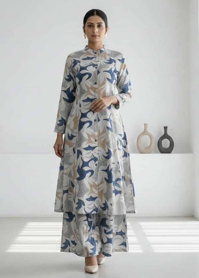 Grey and Blue Printed Cord set