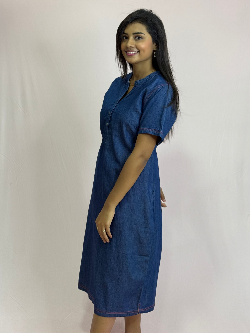 Soft Denim Knee-Length Frock for Women | Casual Everyday A-Line Dress