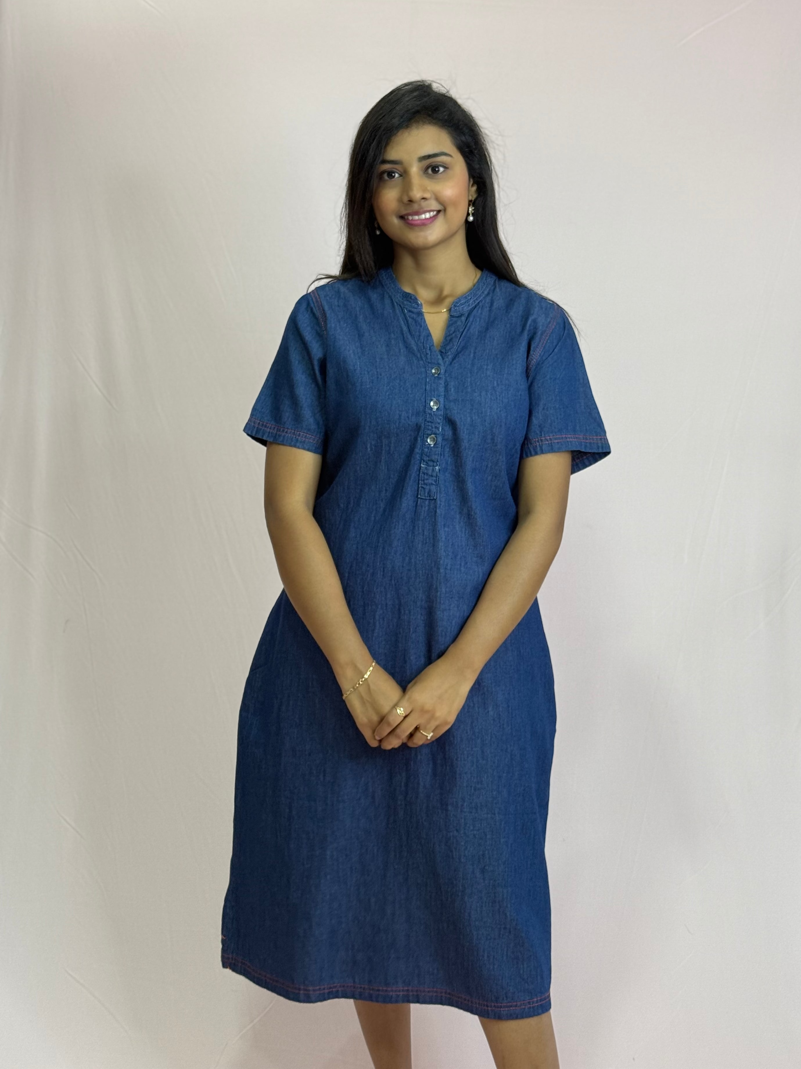Soft Denim Knee-Length Frock for Women | Casual Everyday A-Line Dress