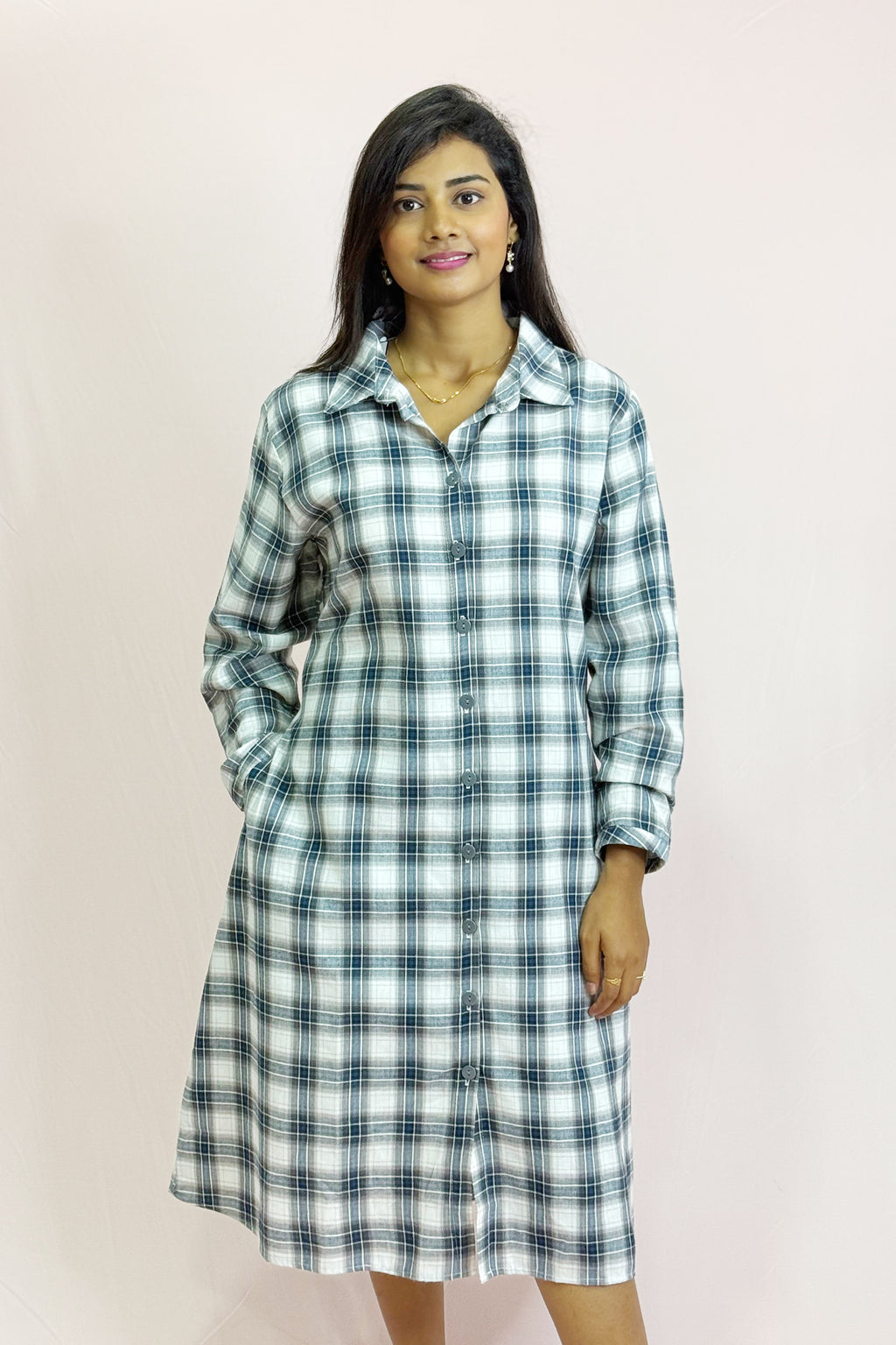 Front Button Check Cotton Dress