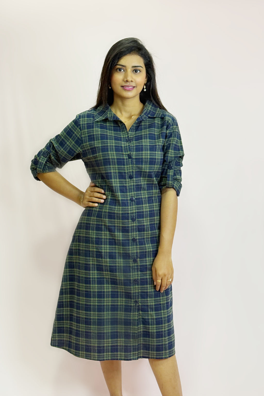 Front Button Check Cotton Shirt Dress