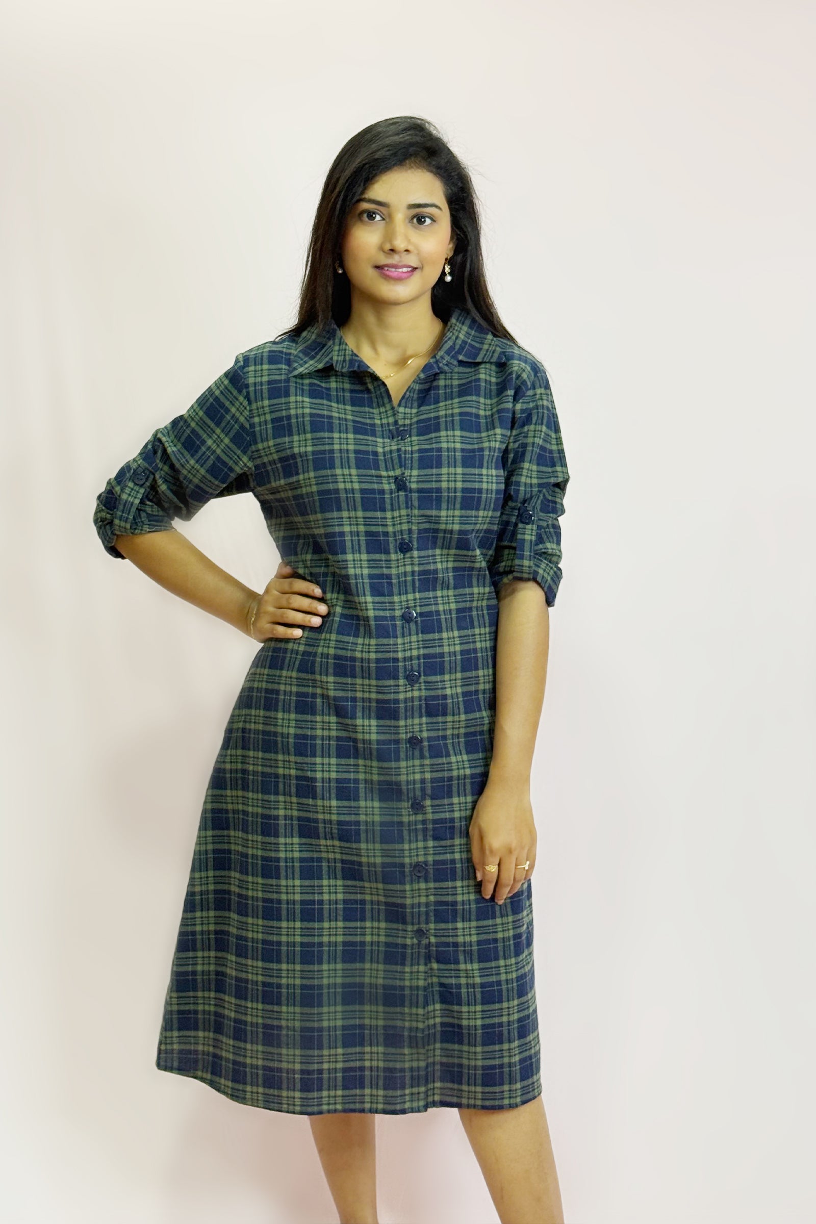 Front Button Check Cotton Shirt Dress
