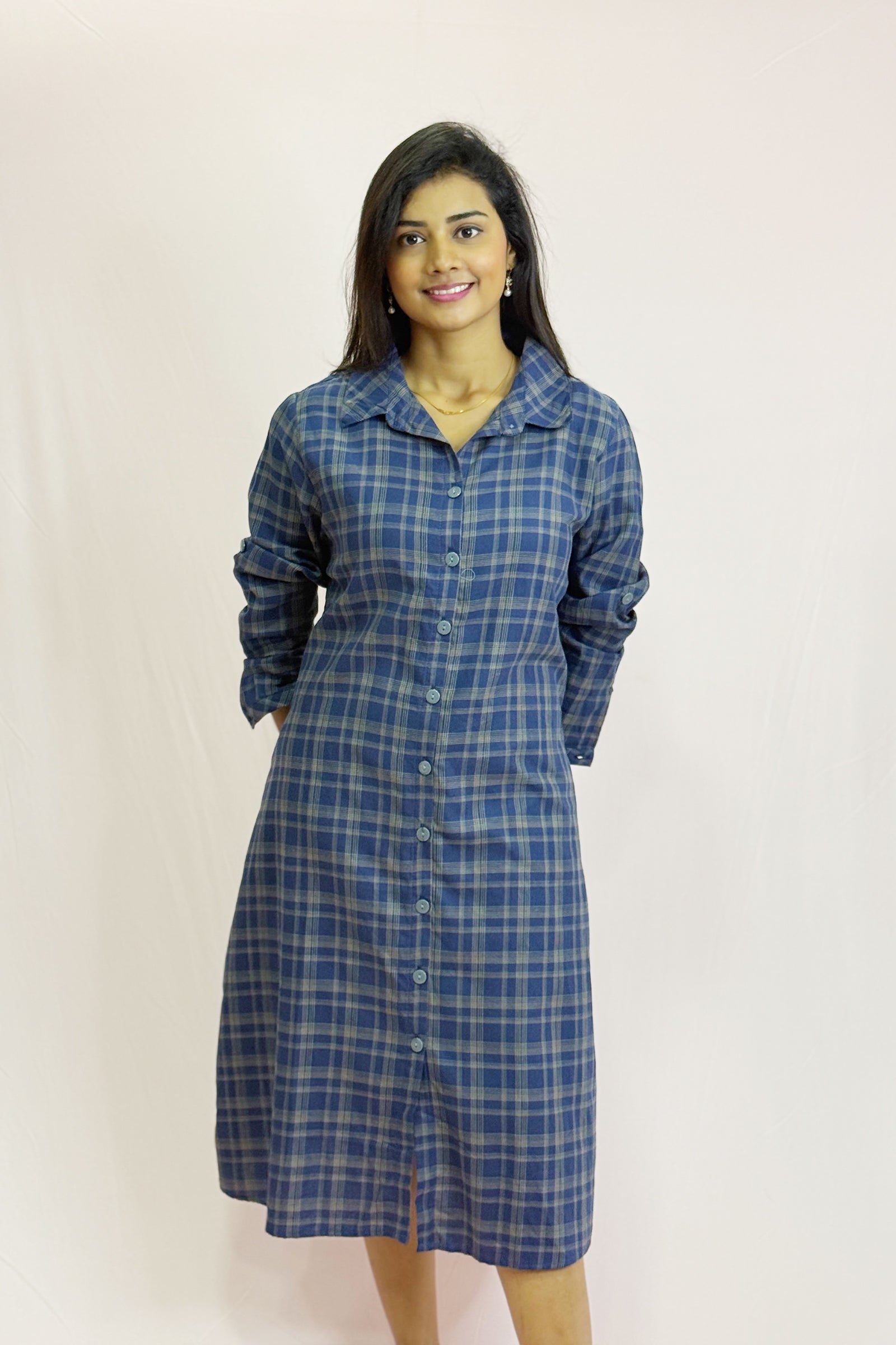 Front Button Check Cotton Dress