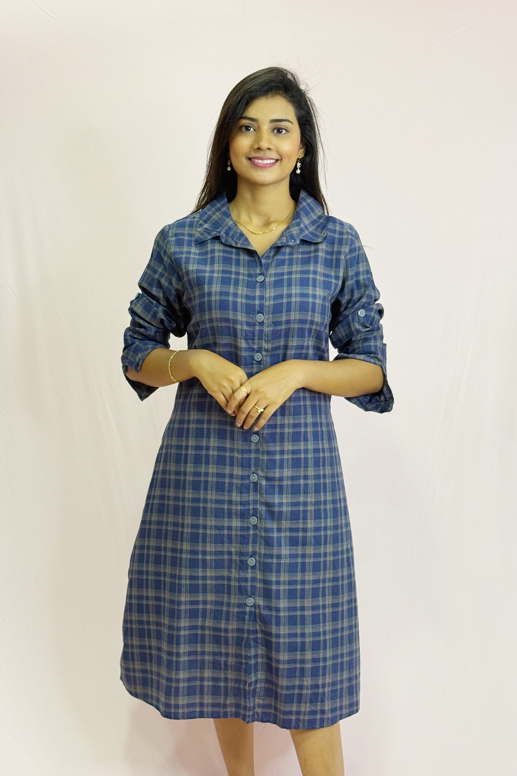 Front Button Check Cotton Dress