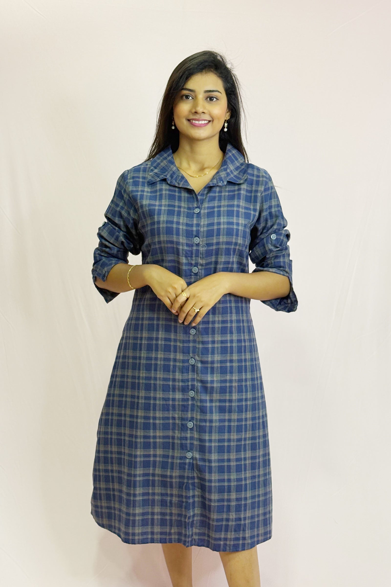 Front Button Check Cotton Dress