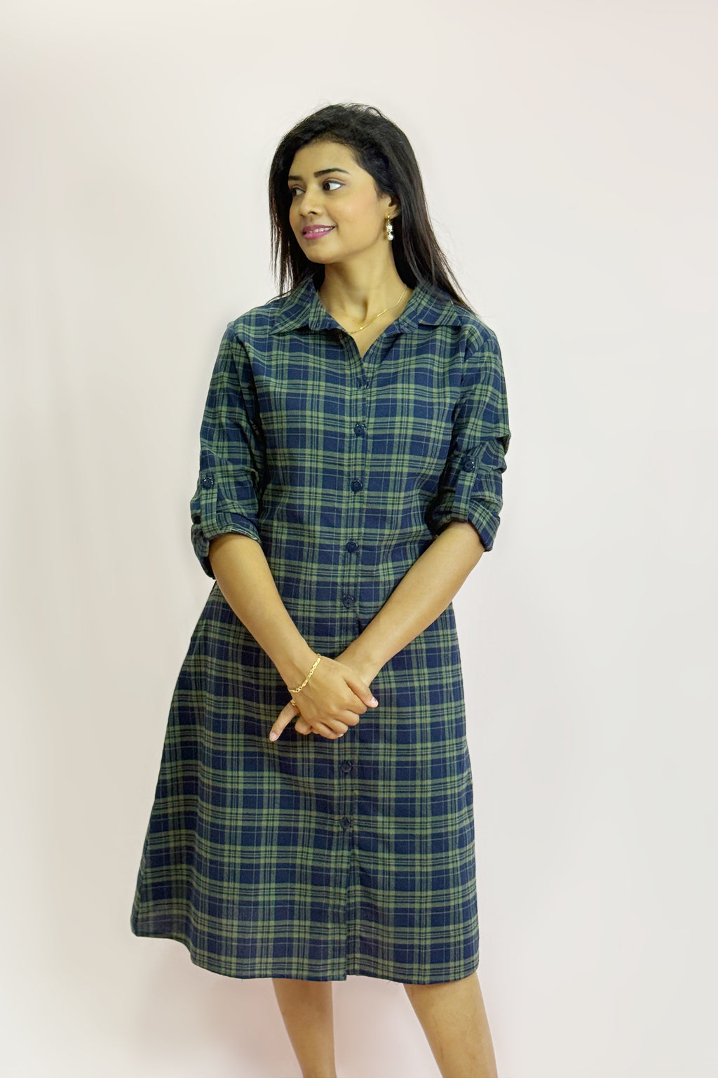 Front Button Check Cotton Shirt Dress