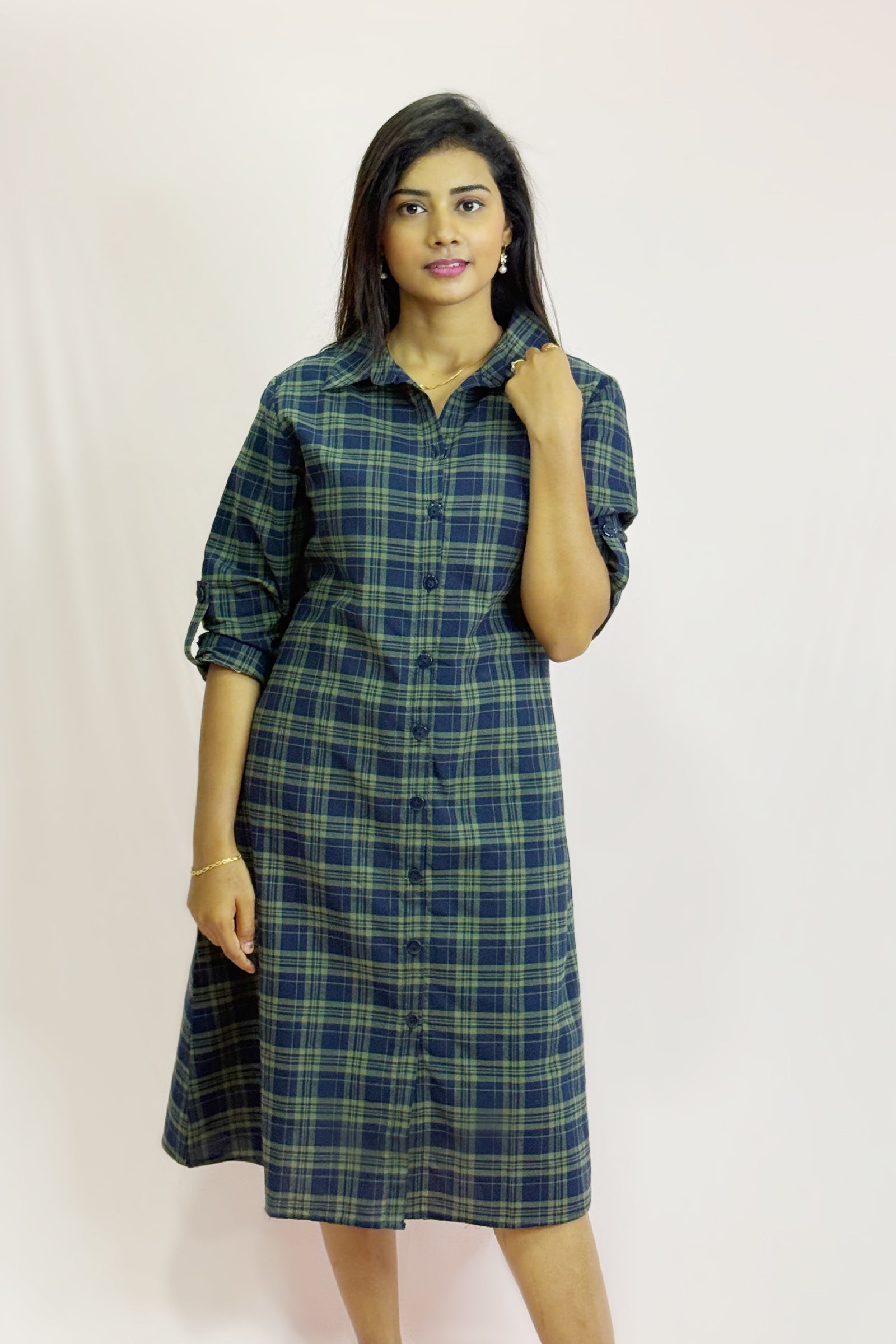 Front Button Check Cotton Shirt Dress