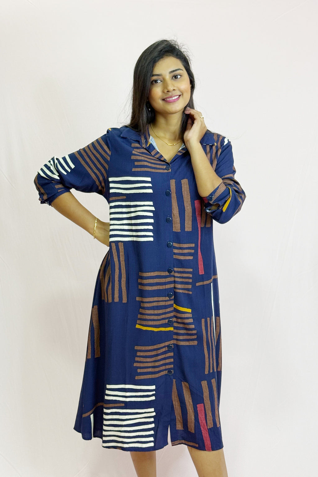 Front Button Check Cotton Dress