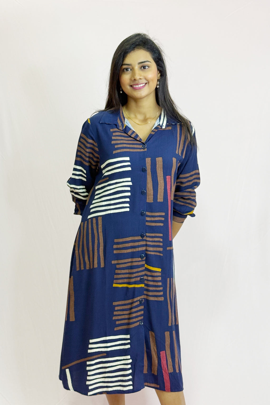 Front Button Check Cotton Dress