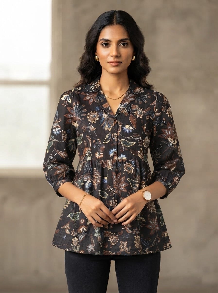 Black floral princess-cut blouse by AVAL featuring a stylish design and feminine floral pattern, perfect for elegant casual wear.