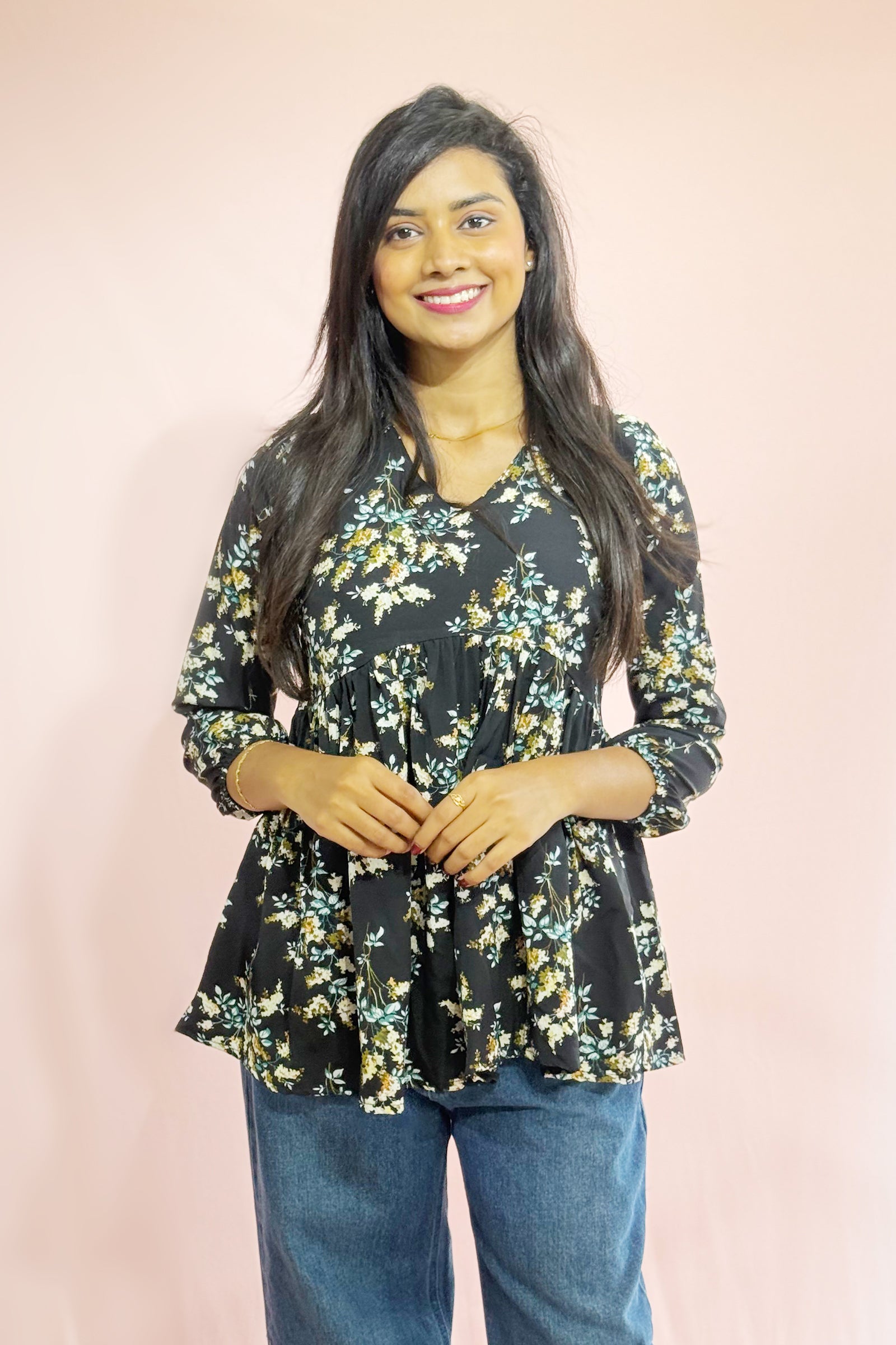Women’s Floral Kurta Top – Lightweight Long Sleeve Casual Blouse