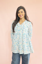 Women’s Floral Cotton Kurta Top – Lightweight Long Sleeve Casual Blouse