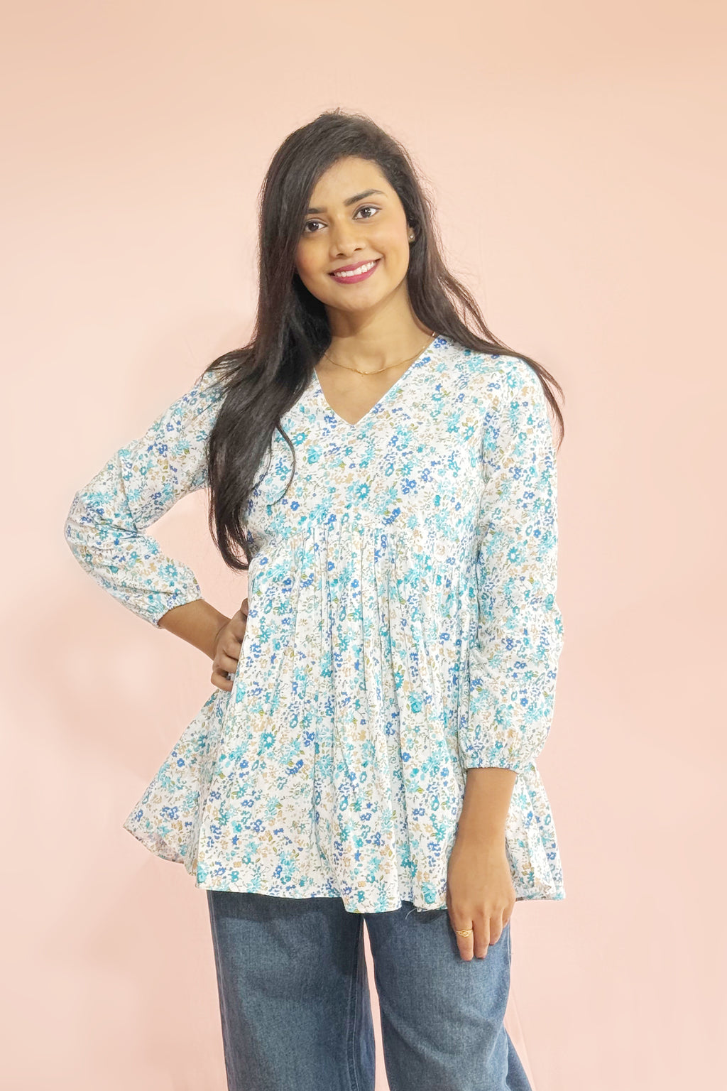 Women’s Floral Cotton Kurta Top – Lightweight Long Sleeve Casual Blouse