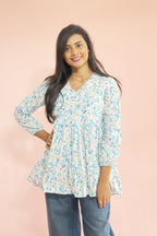 Women’s Floral Cotton Kurta Top – Lightweight Long Sleeve Casual Blouse
