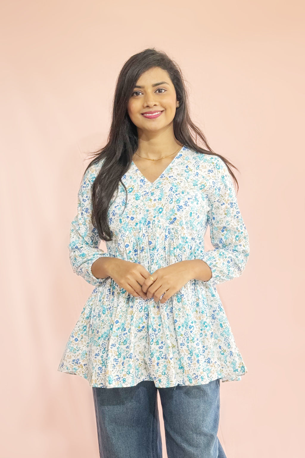 Women’s Floral Cotton Kurta Top – Lightweight Long Sleeve Casual Blouse