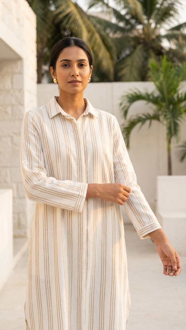 Beige Striped Long Top