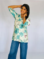 Trendy Cream & Teal Floral Top
