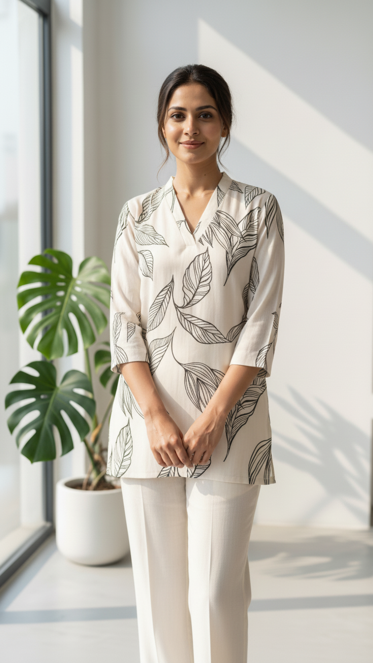 Cream Leaf Print Top