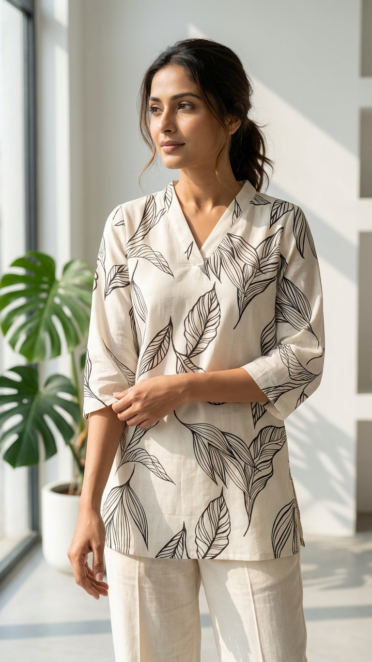 Cream Leaf Print Top