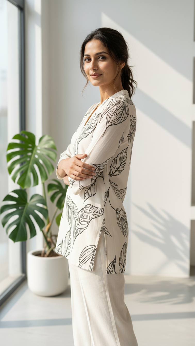 Cream Leaf Print Top