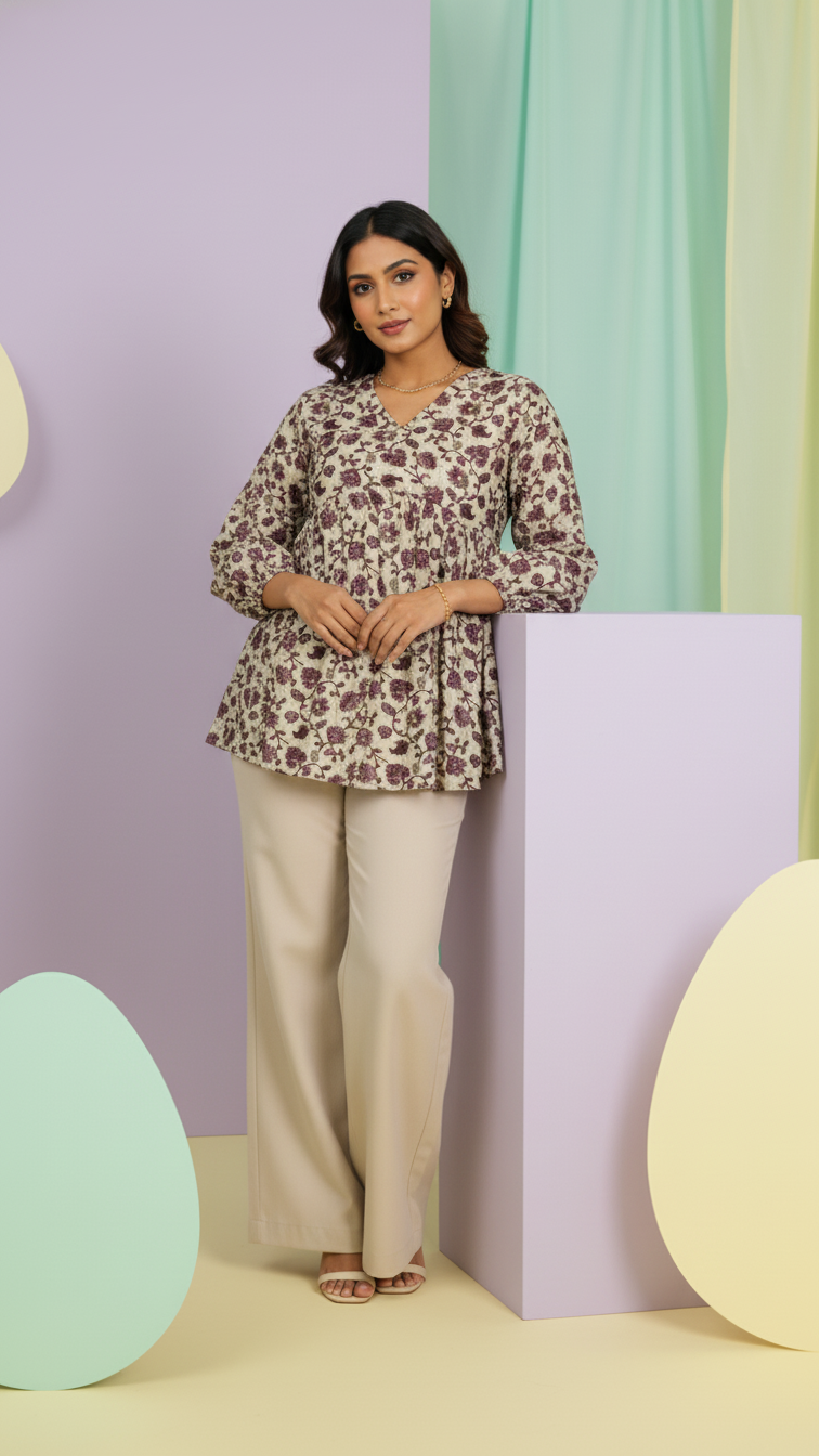 Trendy Floral Print Short Kurta