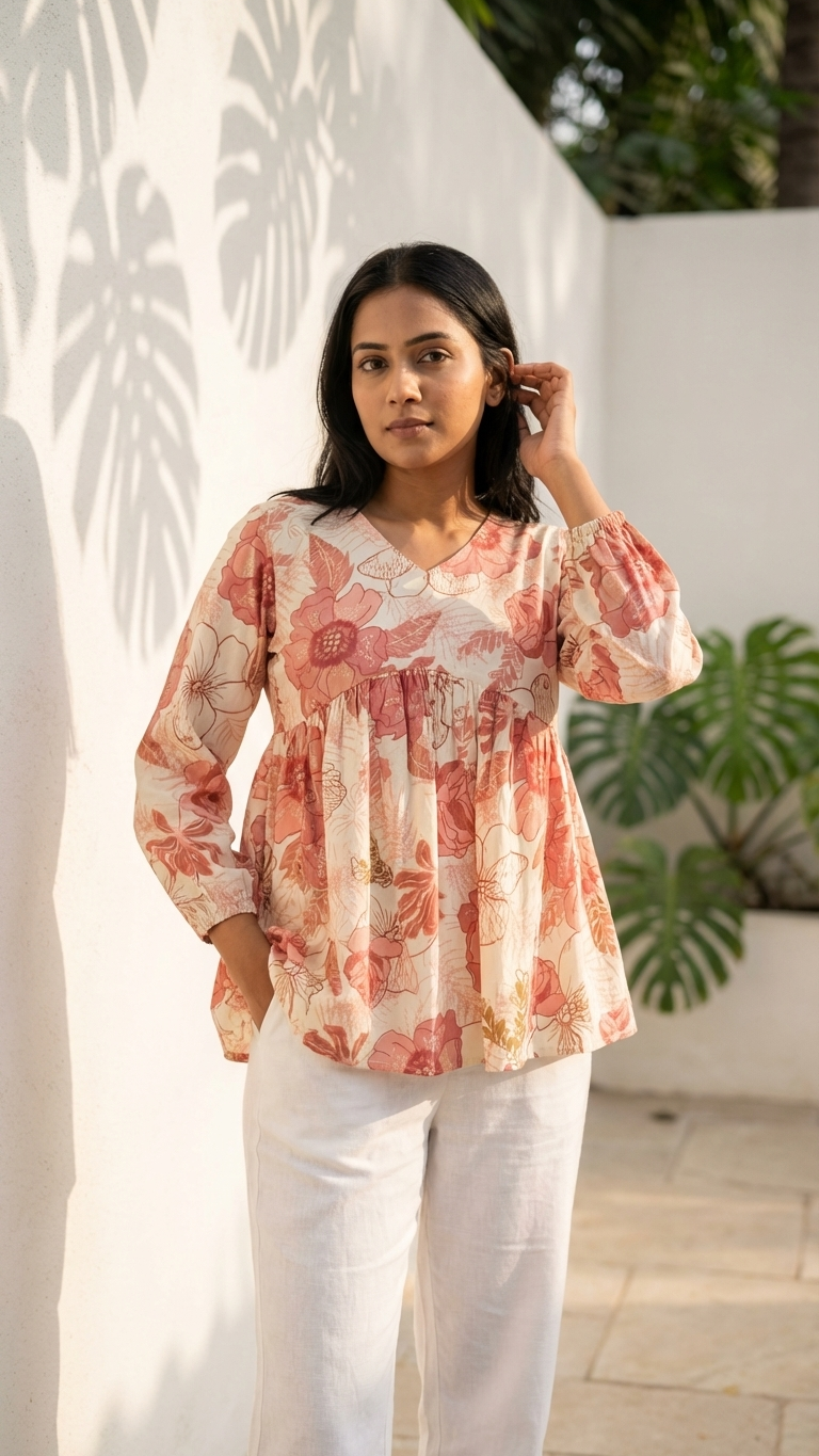 Trendy Peach Floral Short Kurta