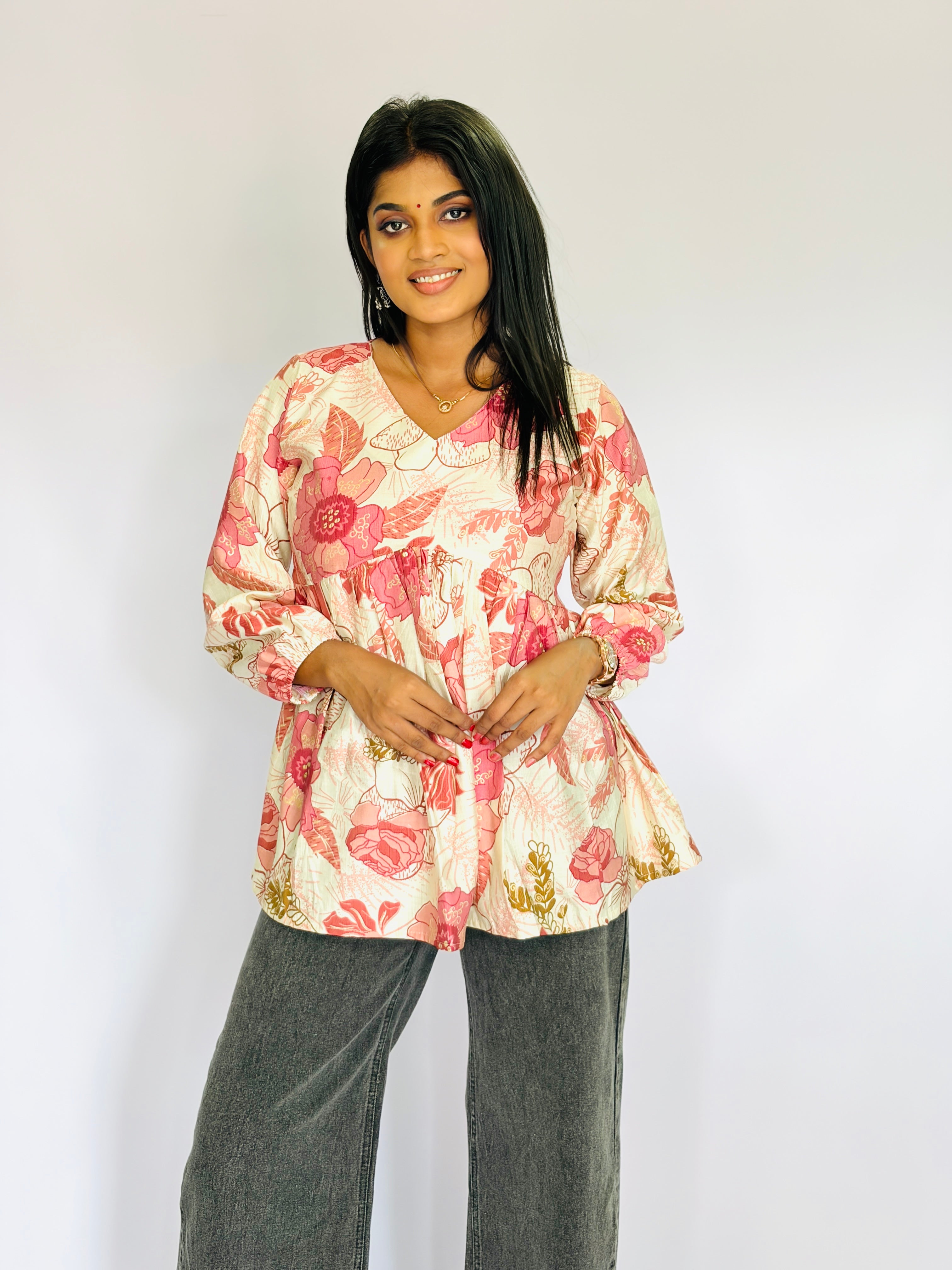 Trendy Peach Floral Short Kurta