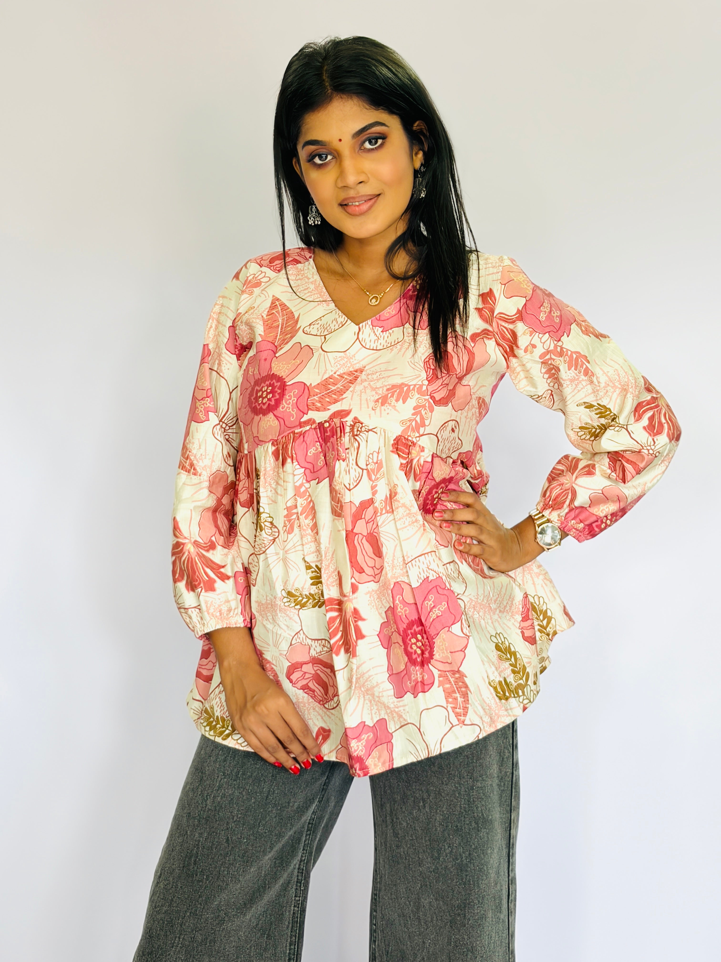 Trendy Peach Floral Short Kurta