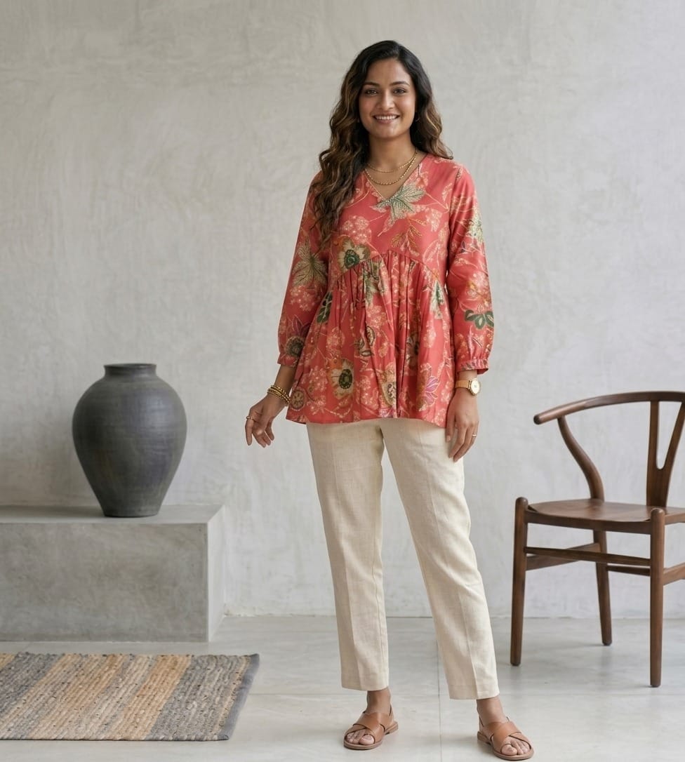 Orange Floral Short Kurta