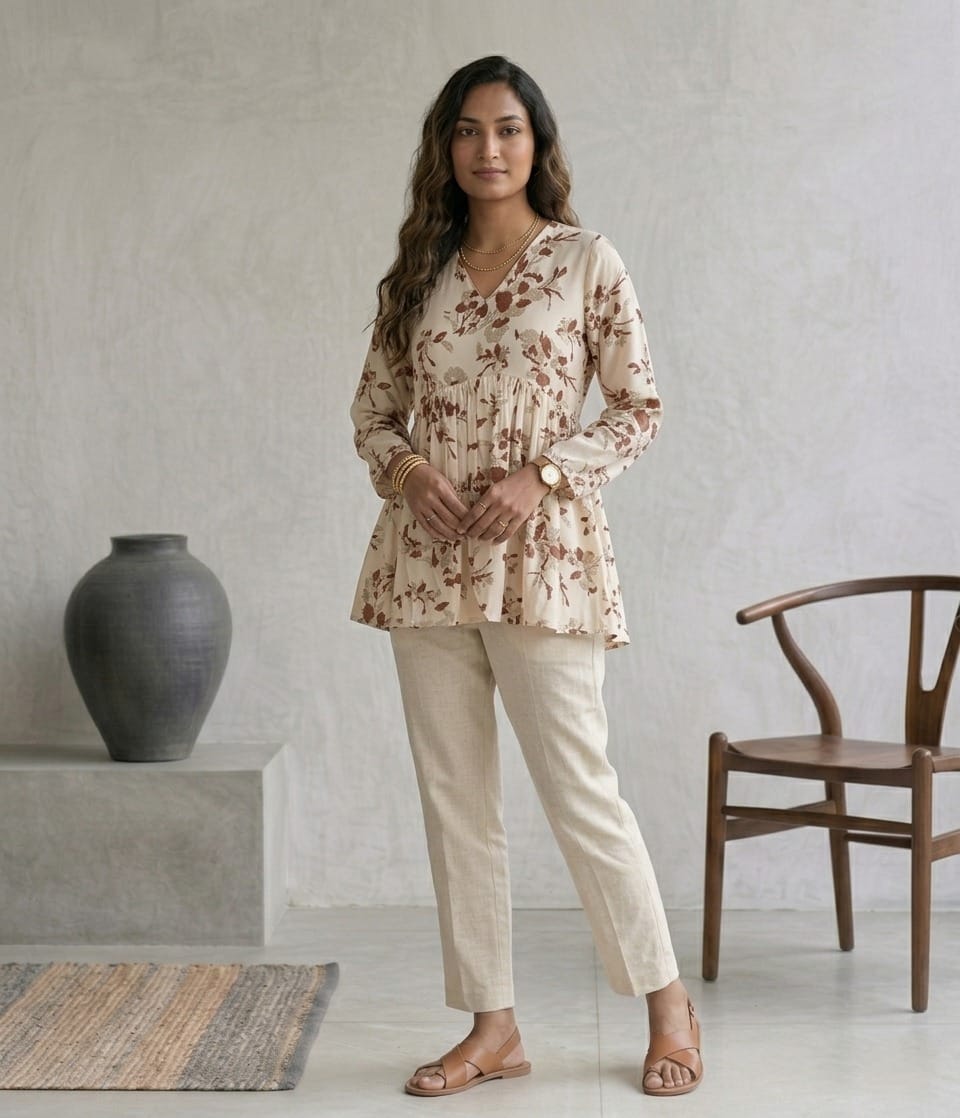 Beige and Brown Floral Kurta