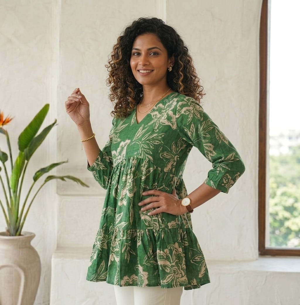 Green Floral  Short Kurta
