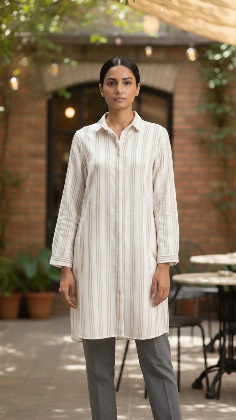 Beige Striped Long Top