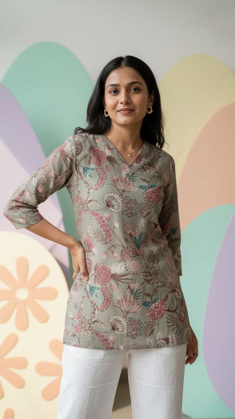 Grey Floral Print Women’s Short Top